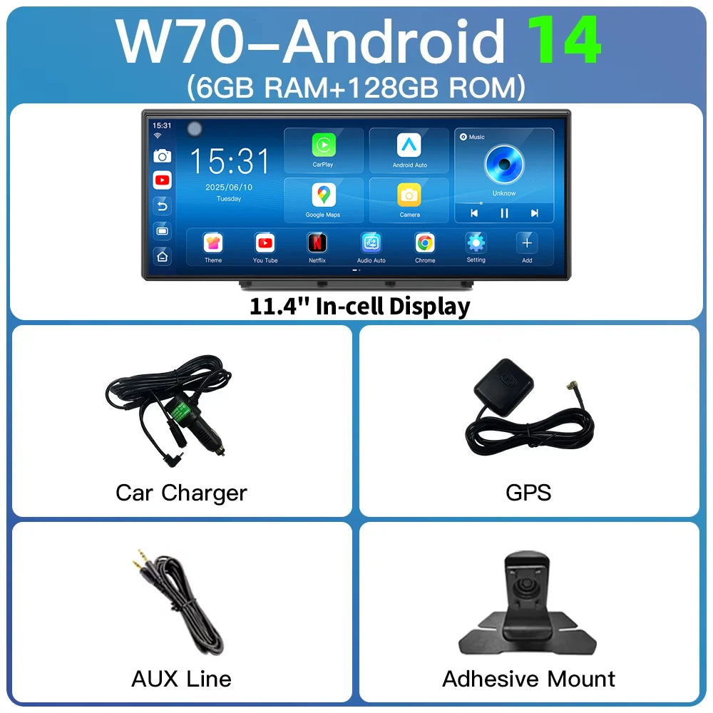 Imagebon W70 11.4 "8 Core Android 14 6 + 128G CarPlay et Android Auto Dash Cam GPS WiFi Google Play Youtube Netflix OTA mise à niveau DVR