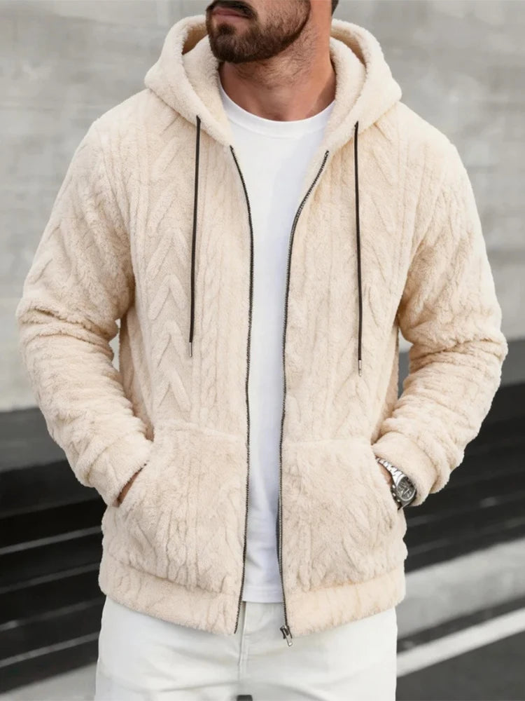Sweat à capuche en polaire pour homme, vêtements de loisirs quotidiens, mode printemps 2026, couleur unie, veste à capuche en fourrure, cardigan décontracté en tricot ample pour homme
