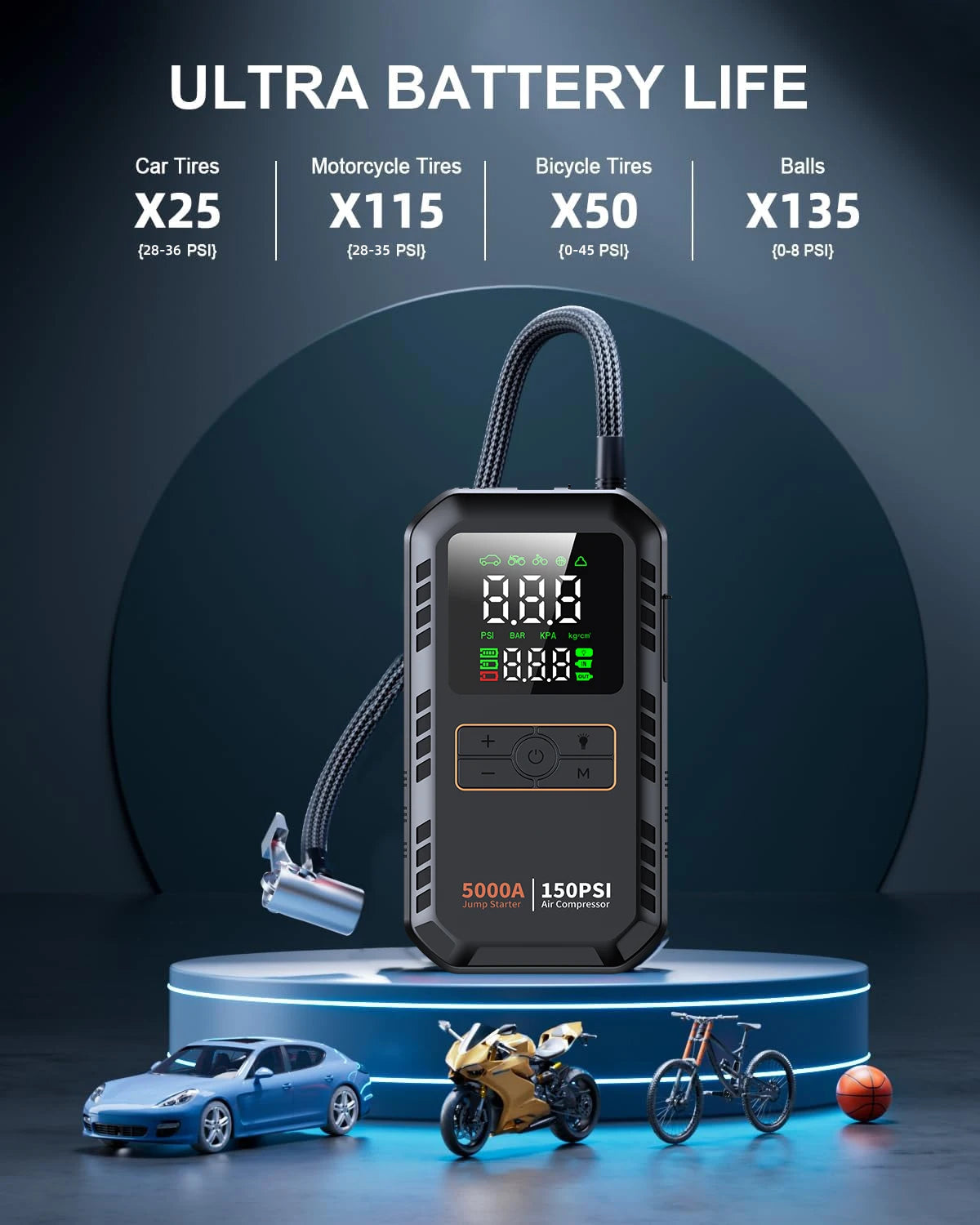 Démarreur de saut de voiture 4 en 1 avec compresseur d'air, Peak 5000A, Booster de batterie automatique, pompe à Air 150PSI, batterie externe Portable, gonfleur de pneus