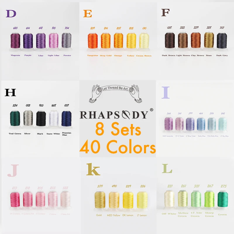 خيط تطريز بوليستر Rhapsody 40WT للماكينة 550 ياردة 60 لونًا Brother Babylock Janome Singer Pfaff Husqvarna Bernina للخياطة