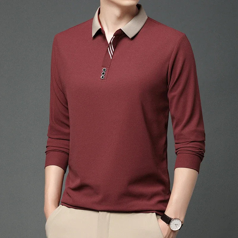 Polo à manches longues pour hommes, décontracté, couleur unie, à la mode, respirant, confortable, polyvalent, nouvelle collection