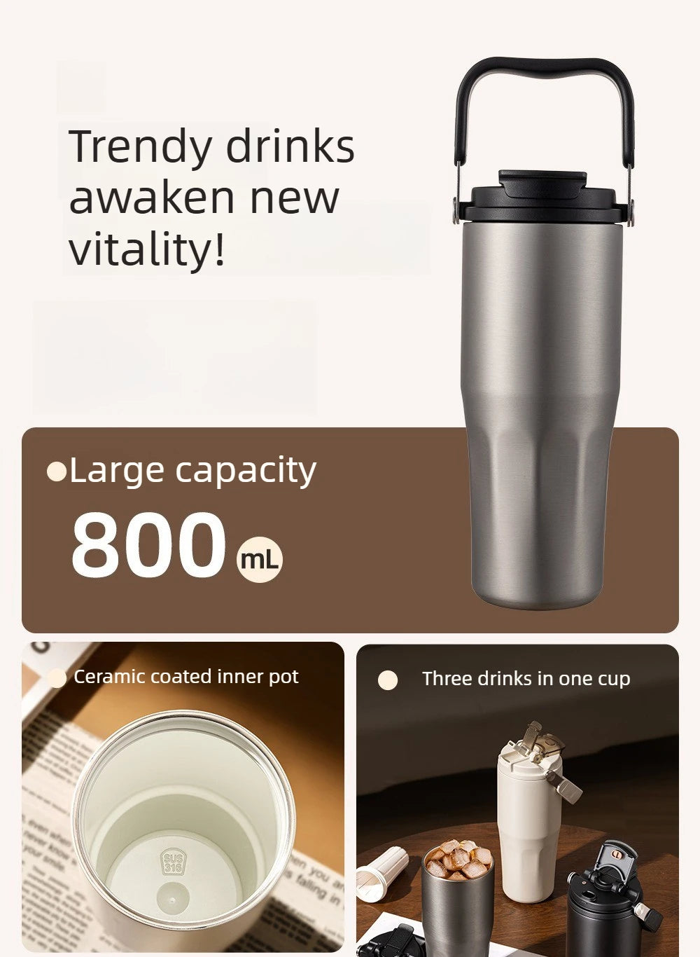 Gobelet à revêtement en céramique de 800ml, avec paille, bouteille d'eau isolée de grande capacité, étanche, poignée détachable, infuseur à thé pour voyage