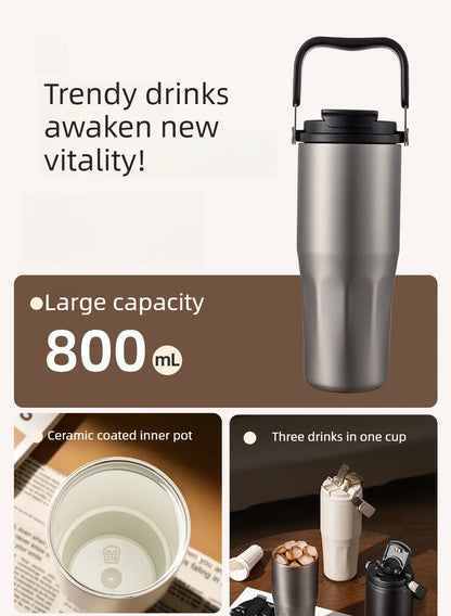 Gobelet à revêtement en céramique de 800ml, avec paille, bouteille d'eau isolée de grande capacité, étanche, poignée détachable, infuseur à thé pour voyage