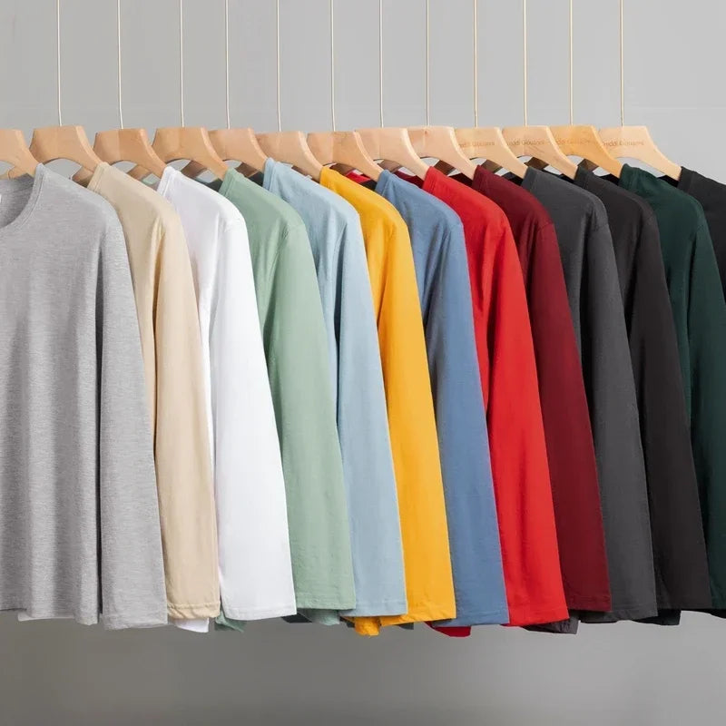 T-Shirt à manches longues et col rond pour hommes, couleur unie, en coton, confortable, respirant, haut décontracté, différentes couleurs, été