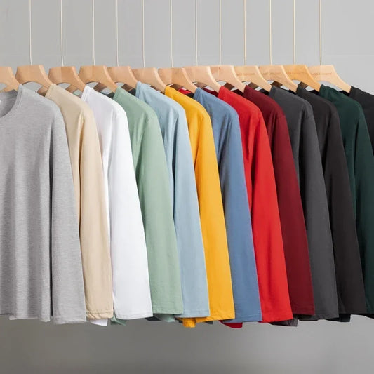 T-Shirt à manches longues et col rond pour hommes, couleur unie, en coton, confortable, respirant, haut décontracté, différentes couleurs, été