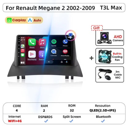 Android Carplay Auto pour Renault Megane 2 2002 2003 2004 2005 2006 2007 2008 2009 lecteur d'autoradio multimédia WIFI + 4G stéréo
