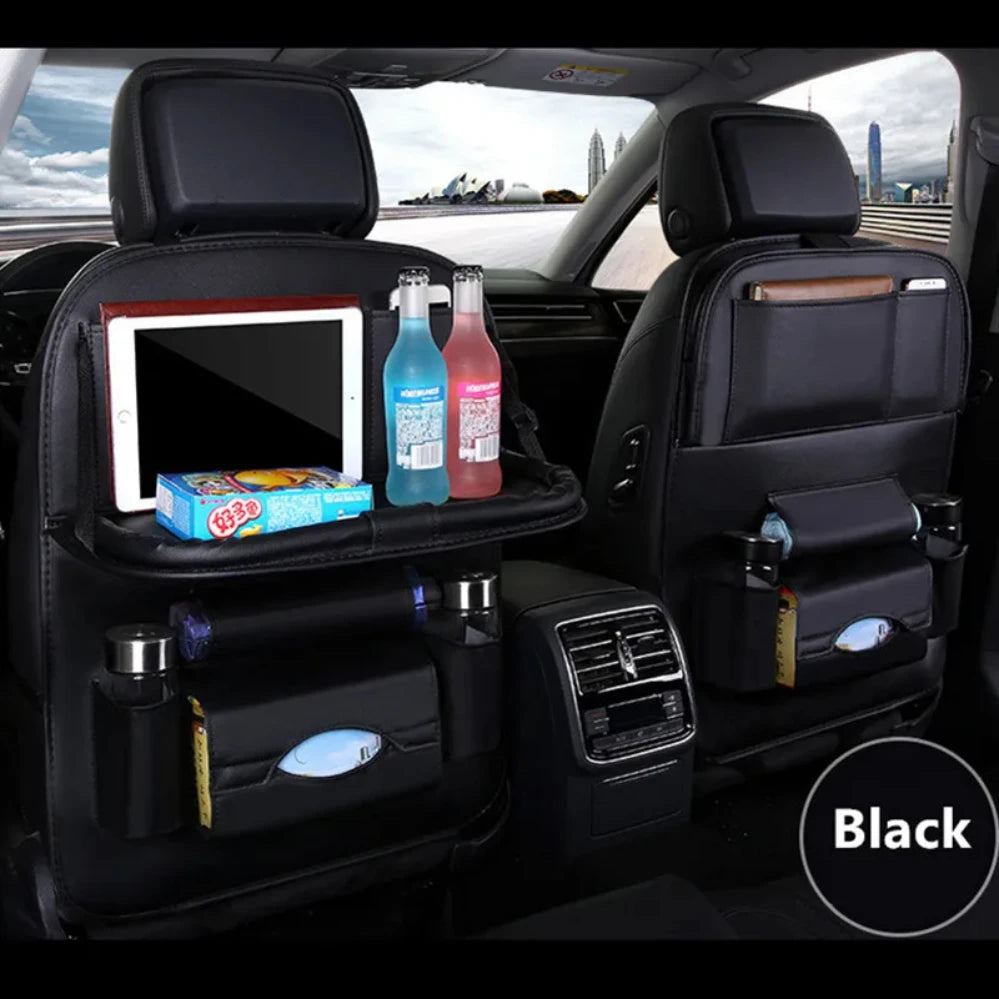Organisateur de dossier de siège de voiture avec plateau de Table pliable, organisateur de rangement en cuir PU, poches, tapis de coup de pied, accessoires d'intérieur de siège