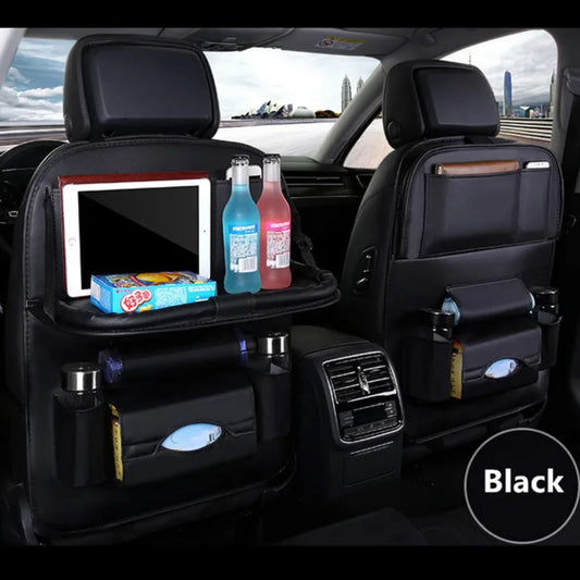 Organisateur de dossier de siège de voiture avec plateau de Table pliable, organisateur de rangement en cuir PU, poches, tapis de coup de pied, accessoires d'intérieur de siège