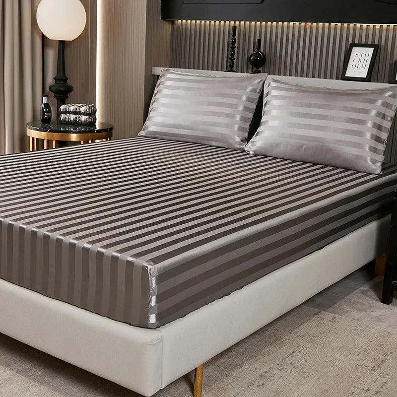 Satin-injFitted-طقم ملاءات سرير كوين، رمادي، ناعم، مبرد، جيب عميق، أطقم مفروشات، مخطط، سادة، غطاء مرتبة
