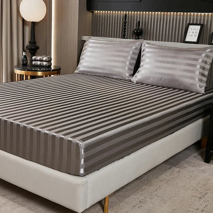 Satin-injFitted-طقم ملاءات سرير كوين، رمادي، ناعم، مبرد، جيب عميق، أطقم مفروشات، مخطط، سادة، غطاء مرتبة