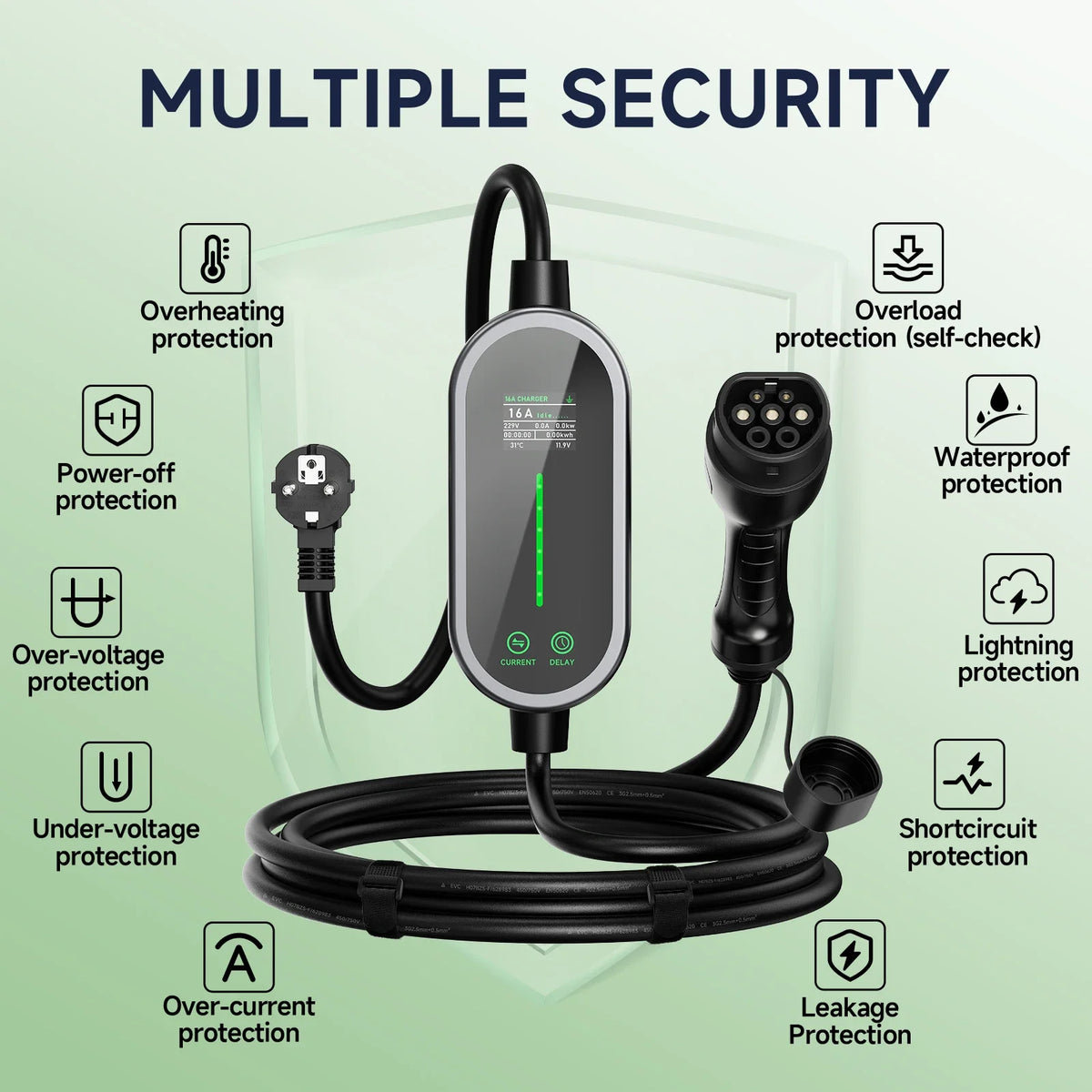شاحن سيارة كهربائية محمول AFEEV 3.6KW من النوع 2 IEC62196-2/النوع 1/GBT قابل للتعديل 6-16 أمبير، تحكم عبر التطبيق، مقبس أوروبي IP65، شحن سريع آمن