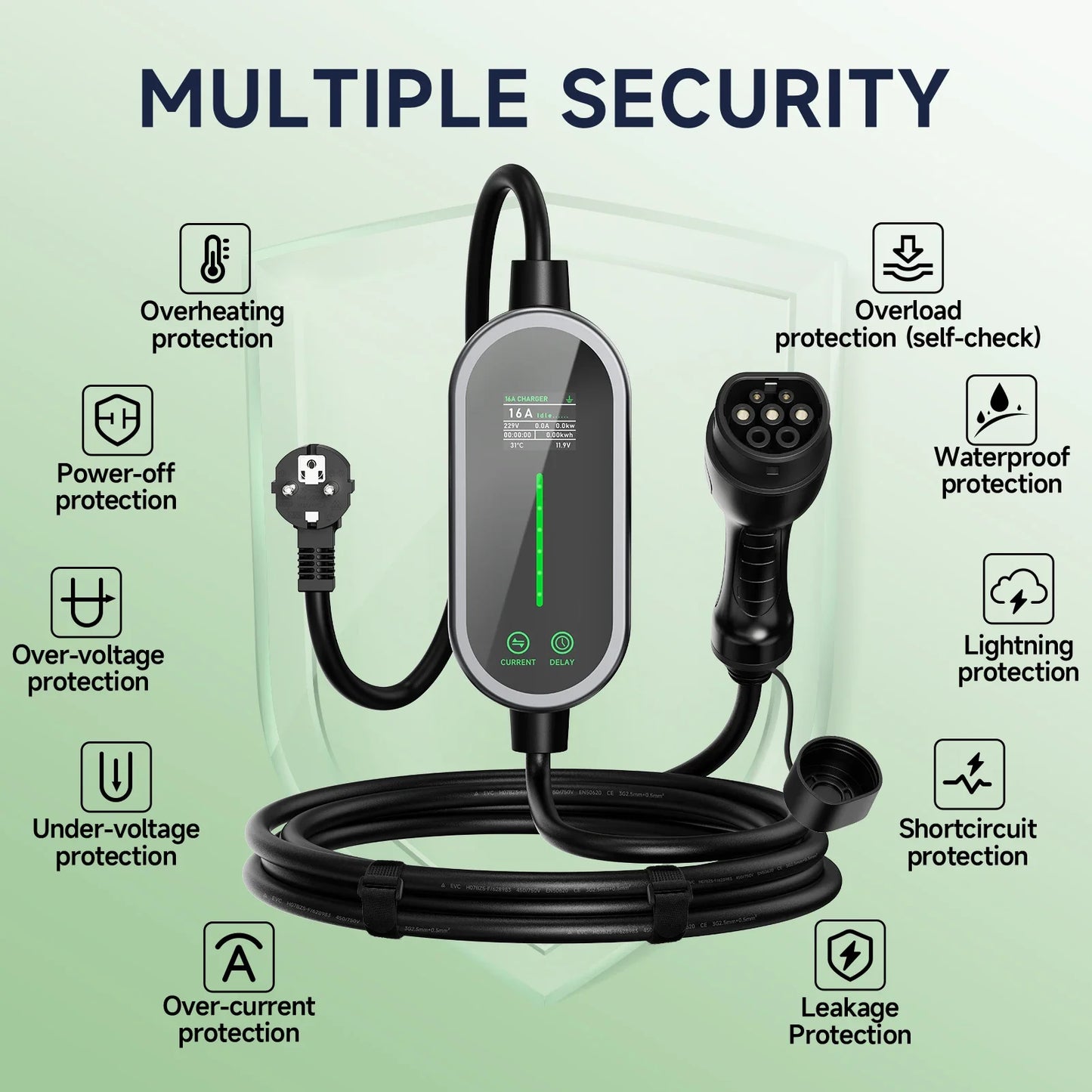 شاحن سيارة كهربائية محمول AFEEV 3.6KW من النوع 2 IEC62196-2/النوع 1/GBT قابل للتعديل 6-16 أمبير، تحكم عبر التطبيق، مقبس أوروبي IP65، شحن سريع آمن