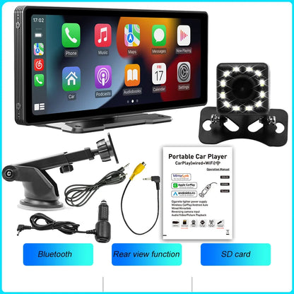 BQCC-Écran Carplay sans fil portable, caméra de recul arrière HD, autoradio DVR, lecteur vidéo MP5, Android Auto, 10.26 pouces