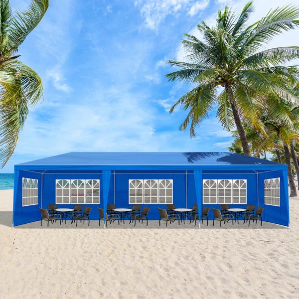 Tente de réception extérieure bleue 10x30 pieds (900x300 cm) en tissu PE imperméable avec structure en acier et 8 parois latérales amovibles avec fenêtres, capacité 50 personnes