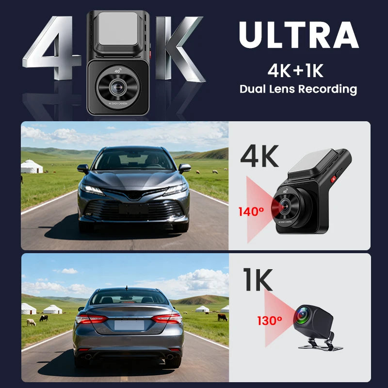 Caméra de tableau de bord SIM 4G LTE, application de Streaming en direct, moniteur à distance, double objectif 4K + 1080P, caméra arrière WIFI, enregistreur de voiture, suivi GPS, nouveauté 2026