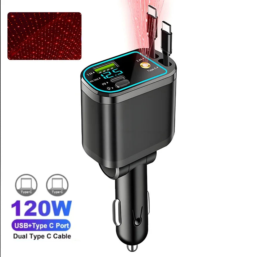 Chargeur de voiture rétractable 120W 4/5 en 1, câble USB C pour IPhone Huawei Samsung, cordon de Charge rapide, adaptateur allume-cigare PD QC3.0