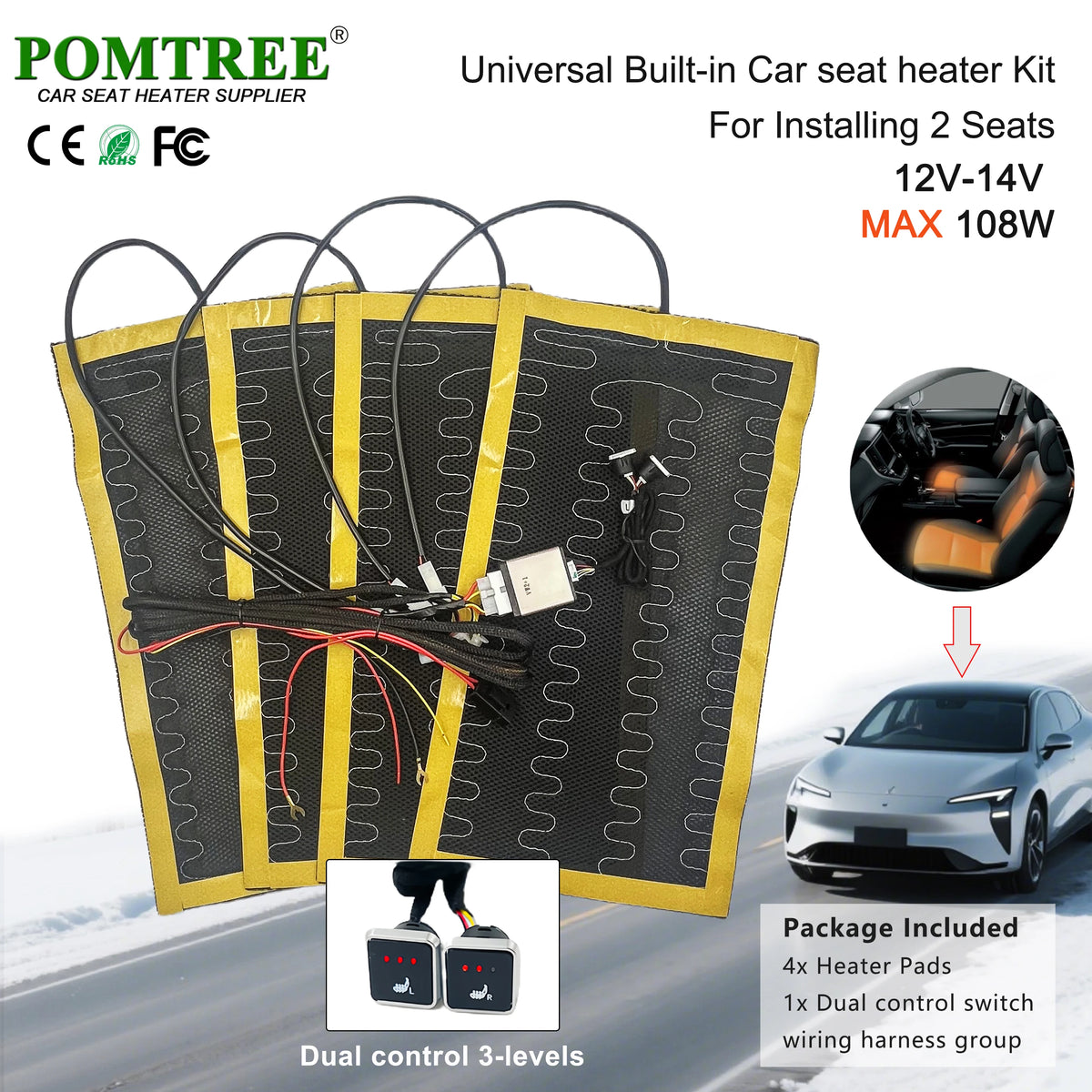 Nouveau Kit de chauffage de siège de voiture intégré adapté aux 1/2 sièges, 12V 2/4 pièces tampons chauffants universels en fil d'alliage 3 niveaux interrupteur chauffant à double commande