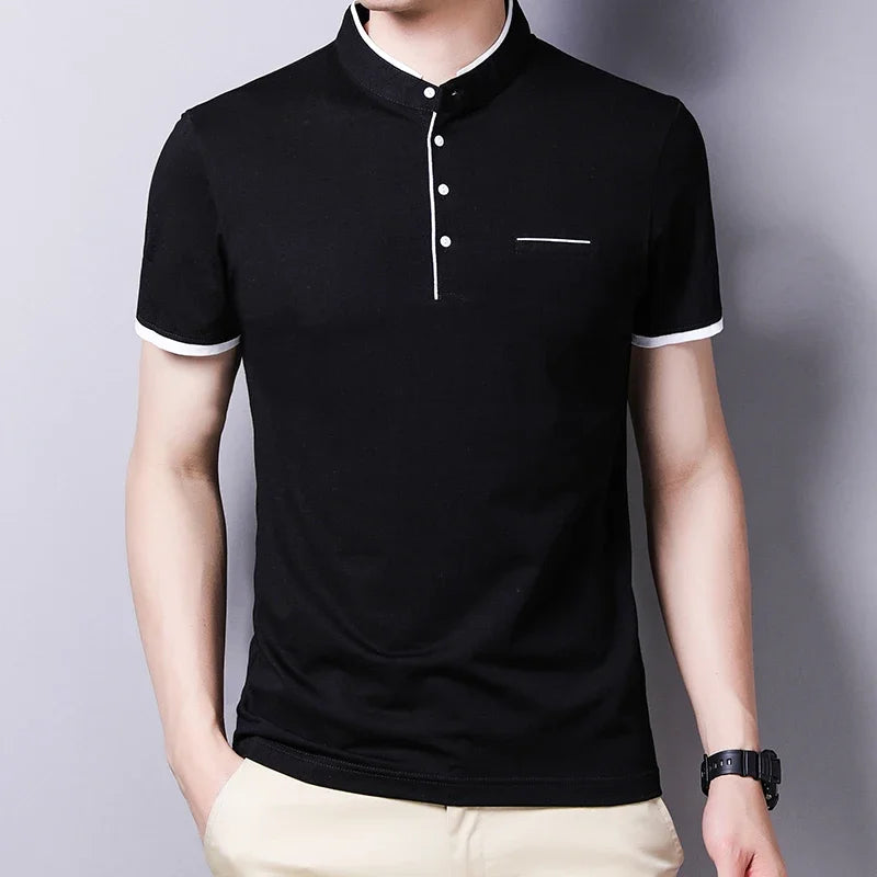 2025 nouveaux hommes décontracté et à la mode couleur unie à manches courtes col montant T-shirt été polyvalent et confortable haut