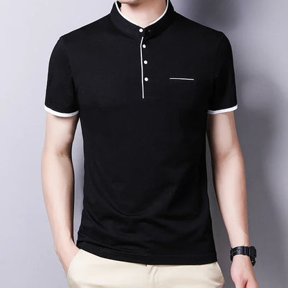2025 nouveaux hommes décontracté et à la mode couleur unie à manches courtes col montant T-shirt été polyvalent et confortable haut