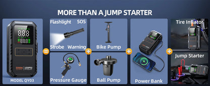 Démarreur de saut de voiture 4 en 1 avec compresseur d'air, Peak 5000A, Booster de batterie automatique, pompe à Air 150PSI, batterie externe Portable, gonfleur de pneus