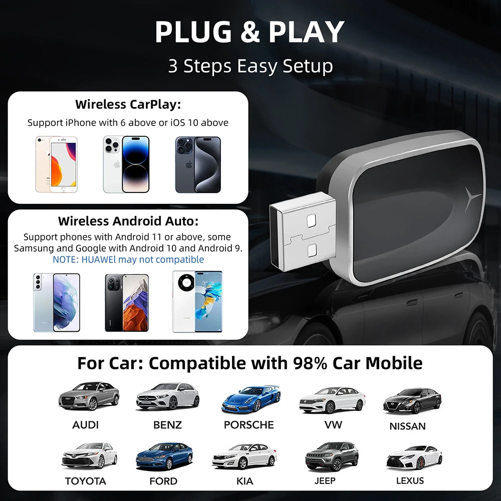 Carplay AI Box sans fil 2 en 1, Android Auto Plug And Play, Applicable à convertir la voiture d'origine, Wired Carplay en sans fil, nouveauté 2026