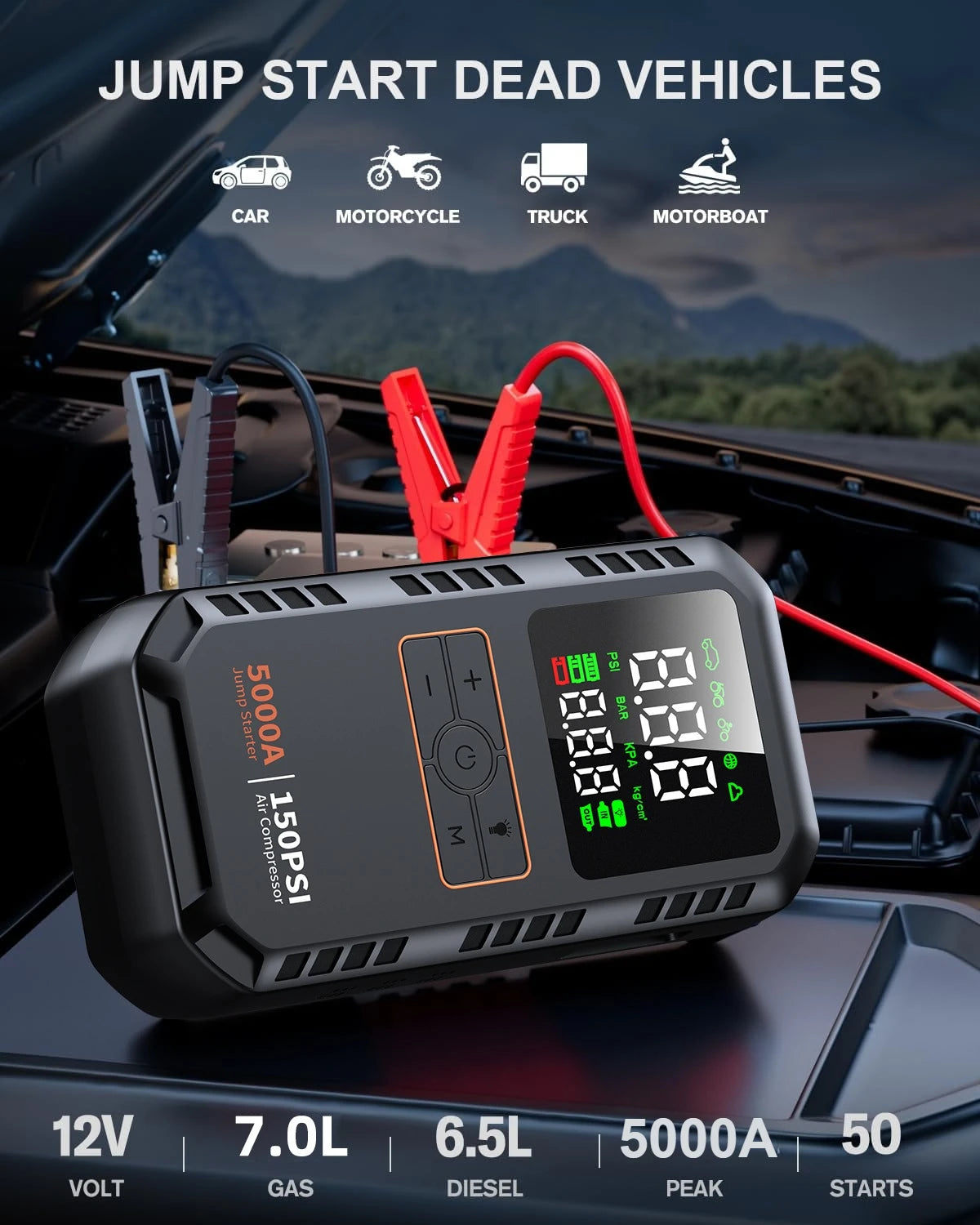 Démarreur de saut de voiture 4 en 1 avec compresseur d'air, Peak 5000A, Booster de batterie automatique, pompe à Air 150PSI, batterie externe Portable, gonfleur de pneus