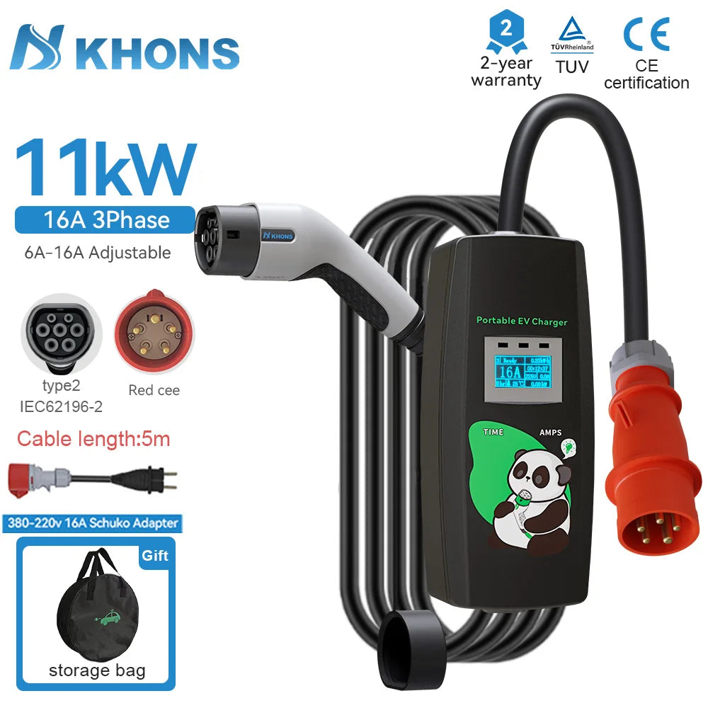 Khons 11kw chargeur de voiture électrique 3 phases 16A chargeur Portable Type2 EVSE boîte de charge prise Cee IEC62196 chargeur de voiture électrique
