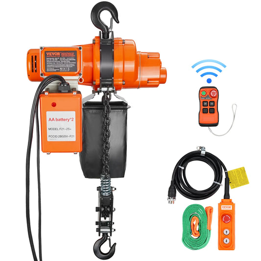 VEVOR Palan électrique à chaîne, 998 kg, grue monophasé avec chaîne, 1000 W, hauteur de levage max 6 m, télécommande sans fil de 100 m et télécommande filaire de 4,5 m pour garage, atelier et maison