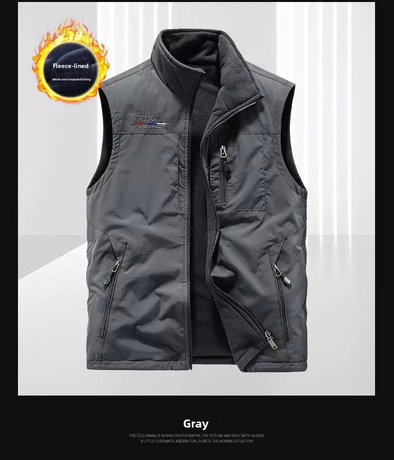 Gilet de sport d'extérieur en polaire épaisse pour homme, réversible, décontracté, coupe ample, fermeture éclair, couleur unie, automne-hiver