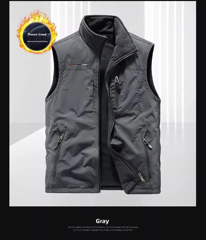 Gilet de sport d'extérieur en polaire épaisse pour homme, réversible, décontracté, coupe ample, fermeture éclair, couleur unie, automne-hiver