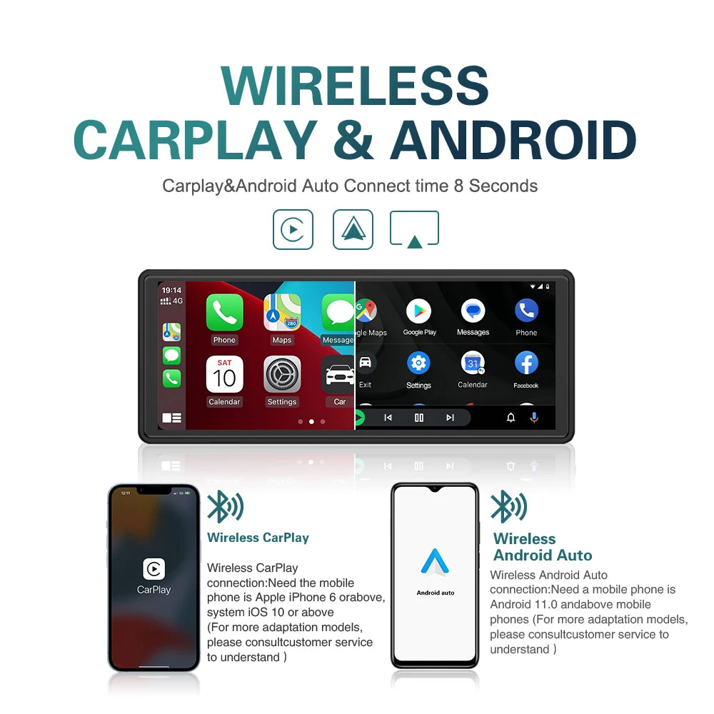 راديو سيارة لاسلكي يدعم CarPlay و Android Auto، مشغل مرآة محمول عالمي، صوت بلوتوث، ستريو AUX، يدعم Apple أو Android، مقاس 10.26 بوصة