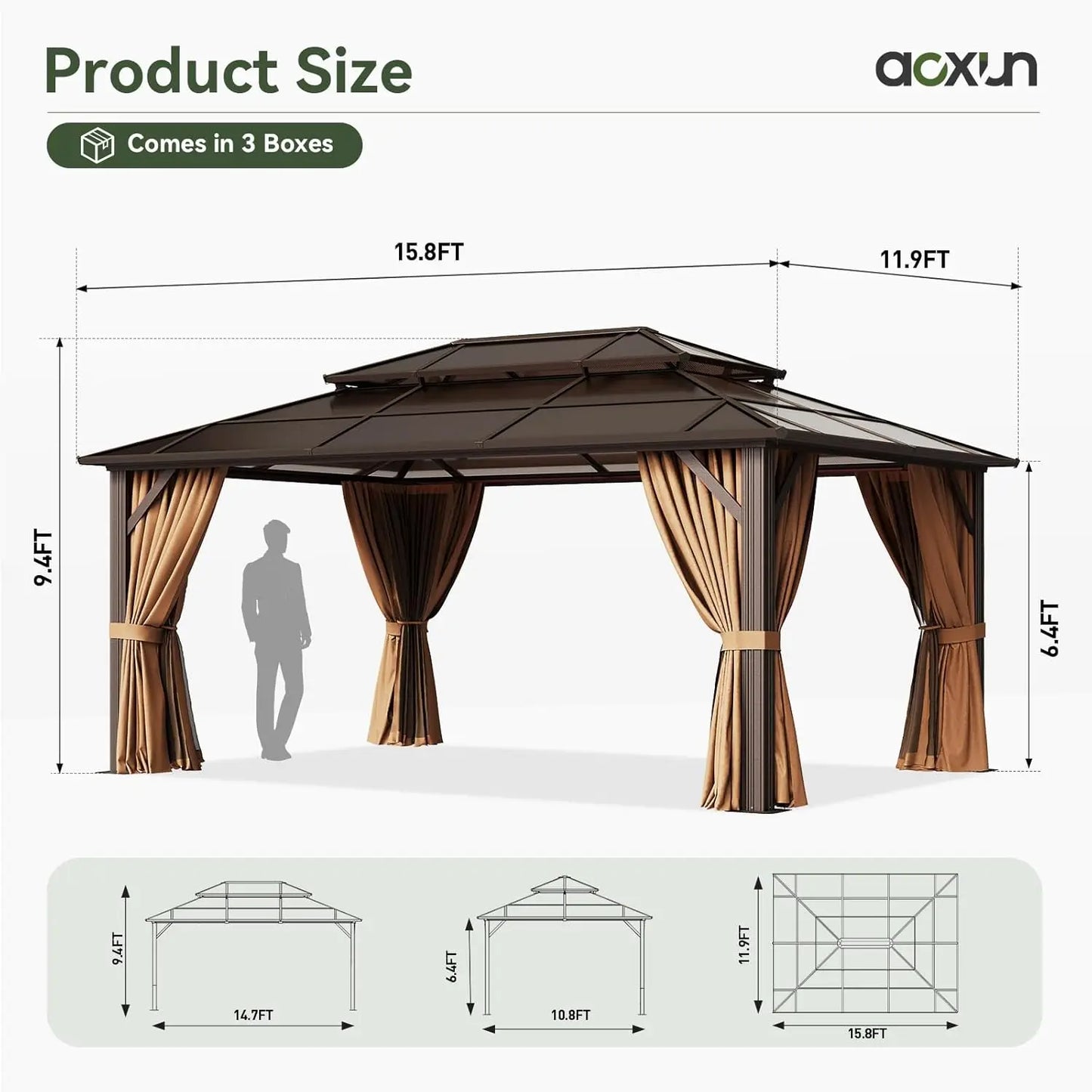 Gazebo à toit rigide en aluminium 12x16 avec rideaux et moustiquaire, toit double en polycarbonate pour jardin, pelouse, terrasse, sur mesure