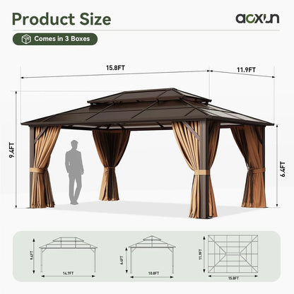 Gazebo à toit rigide en aluminium 12x16 avec rideaux et moustiquaire, toit double en polycarbonate pour jardin, pelouse, terrasse, sur mesure