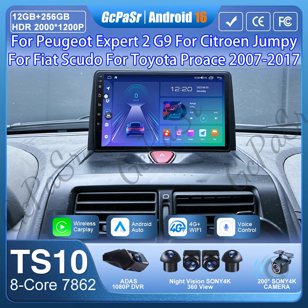 Autoradio Carplay pour KIT Rods 2 G9, Cristaux en Jumpy, Fiat Scudo, Toyota Proace 2007-2017, Navigation GPS, No 2Din, 4G