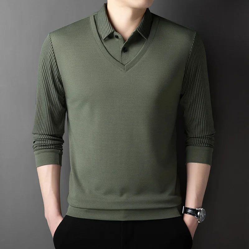 Polo à manches longues pour hommes, décontracté et à la mode, couleur unie, faux deux pièces, Business, toutes saisons, haut polyvalent, nouvelle collection 2025