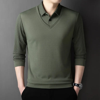 Polo à manches longues pour hommes, décontracté et à la mode, couleur unie, faux deux pièces, Business, toutes saisons, haut polyvalent, nouvelle collection 2025