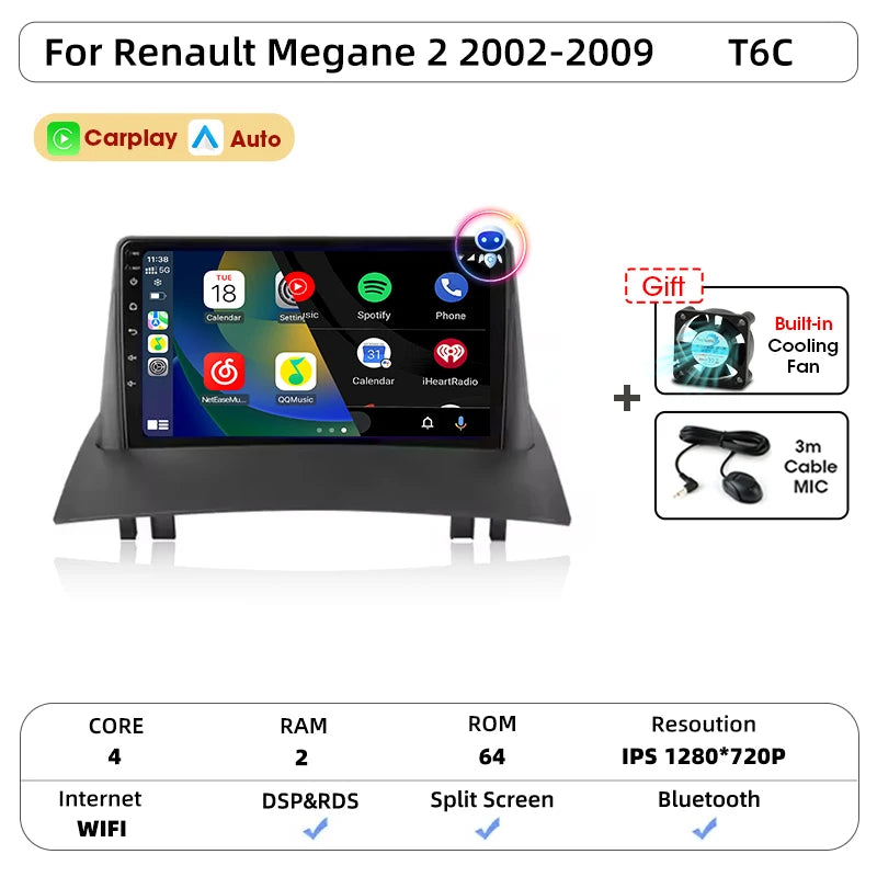 Android Carplay Auto pour Renault Megane 2 2002 2003 2004 2005 2006 2007 2008 2009 lecteur d'autoradio multimédia WIFI + 4G stéréo