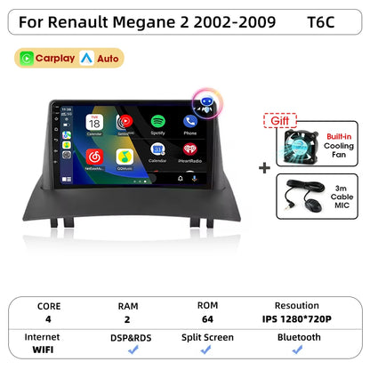 Android Carplay Auto pour Renault Megane 2 2002 2003 2004 2005 2006 2007 2008 2009 lecteur d'autoradio multimédia WIFI + 4G stéréo
