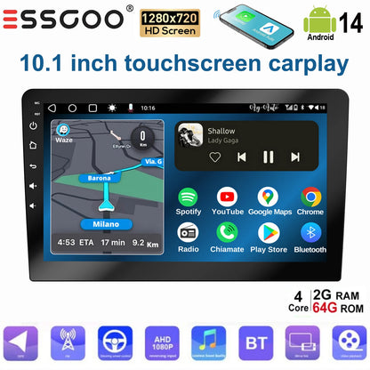 ESSGOO Écran Tactile 10.1 Pouces 2 DIN 2+64GB/4+64GB Autoradio Android 14 Carplay Sans Fil Android Auto GPS Navigation WiFi FM RDS Entrée Caméra Arrière Contrôle du Volant Mirror Link Bluetooth Écran Divisé USB