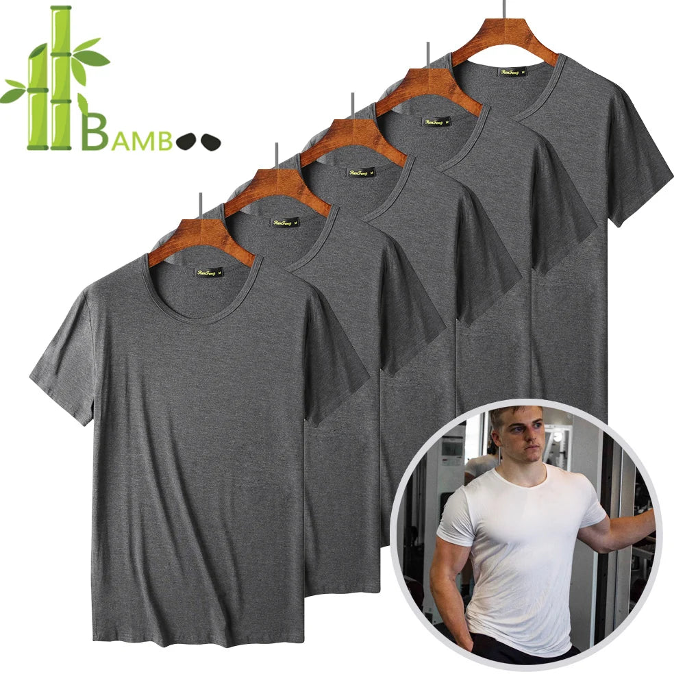 T-Shirt en Fibre de Bambou pour Homme, Confortable, Respirant, Col Ras du Cou, Slim, Manches Courtes, Solide, Décontracté, Été, Lot de 5