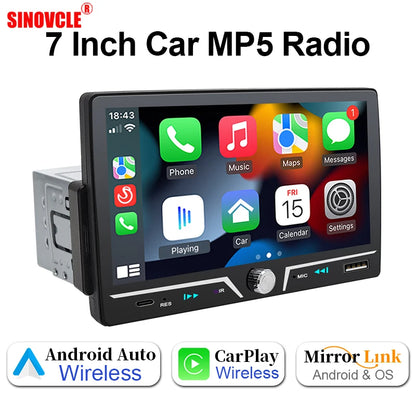 Hippcron autoradio 1 Din sans fil Android Auto Carplay MP5 stéréo 7 "écran IPS Bluetooth lien miroir type-c charge universelle