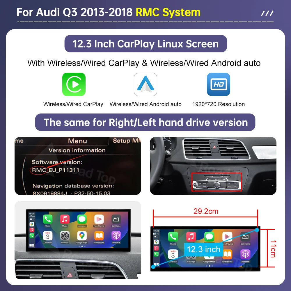 Road Top 12.3 "écran Linux multimédia pour Audi Q3 2013-2018 sans fil CarPlay Android Auto Airplay lecteur d'autoradio