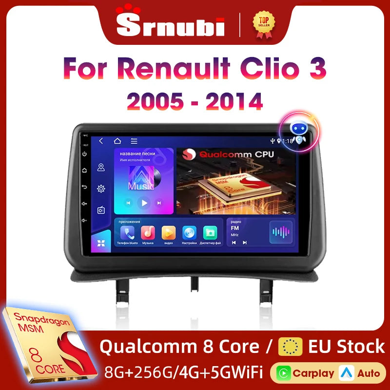 Srnubi CarPlay autoradio lecteur multimédia pour Renault Clio 3 2005 2006 2007 2008 2009 2010-2014 Android Auto GPS 2din autoradio