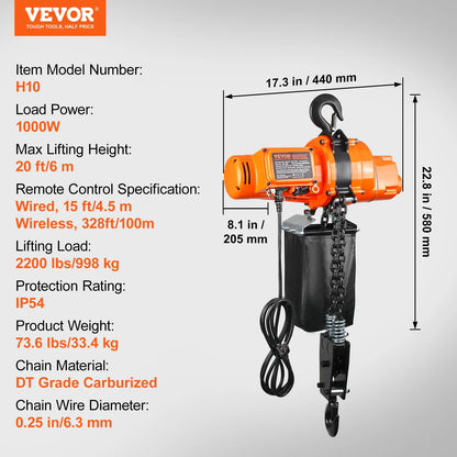VEVOR Palan électrique à chaîne, 998 kg, grue monophasé avec chaîne, 1000 W, hauteur de levage max 6 m, télécommande sans fil de 100 m et télécommande filaire de 4,5 m pour garage, atelier et maison