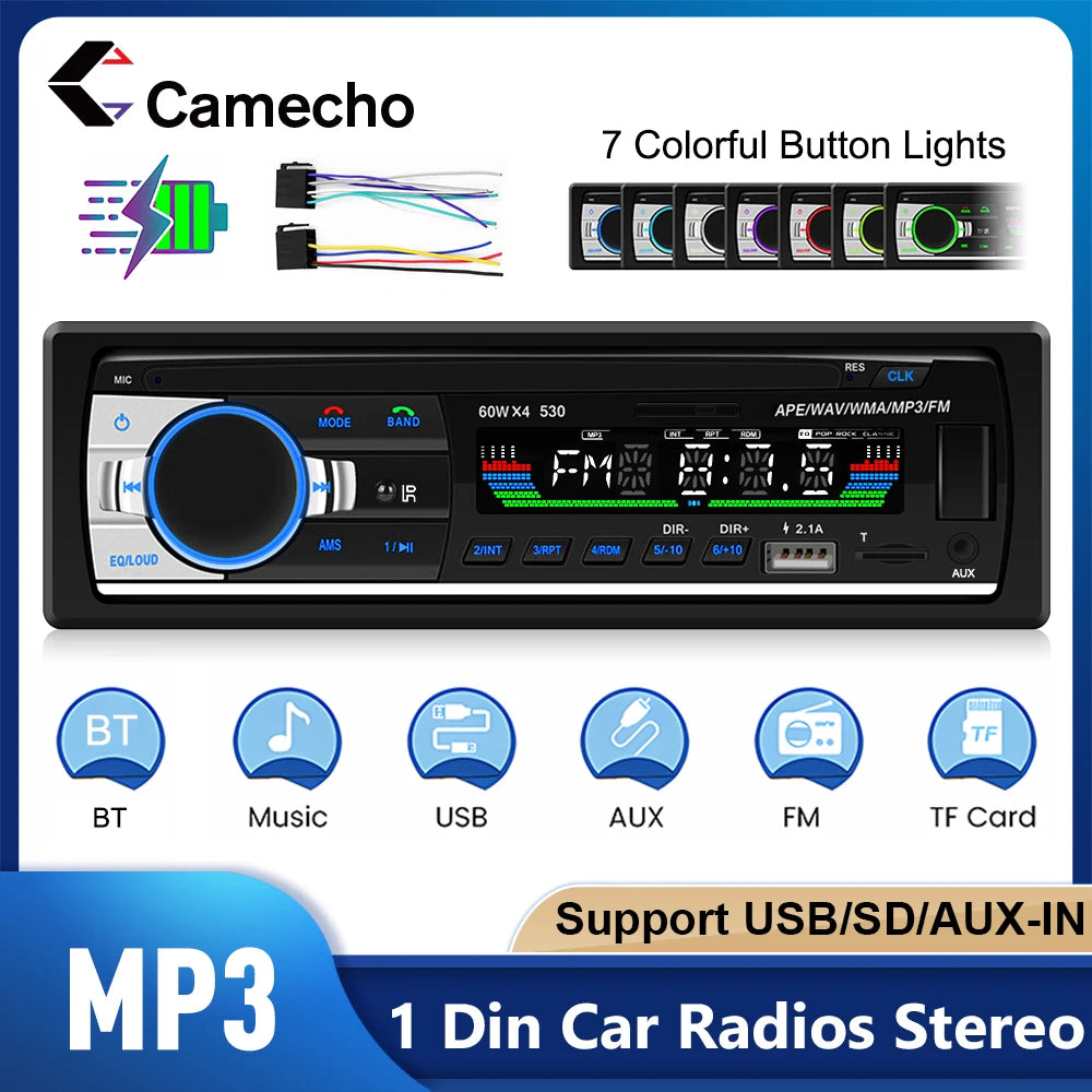 Camecho-Autoradio stéréo 1Din, Bluetooth, lecteur MP3, audio FM numérique, musique, USB, SD, entrée AUX, tableau de bord, limitation universelle