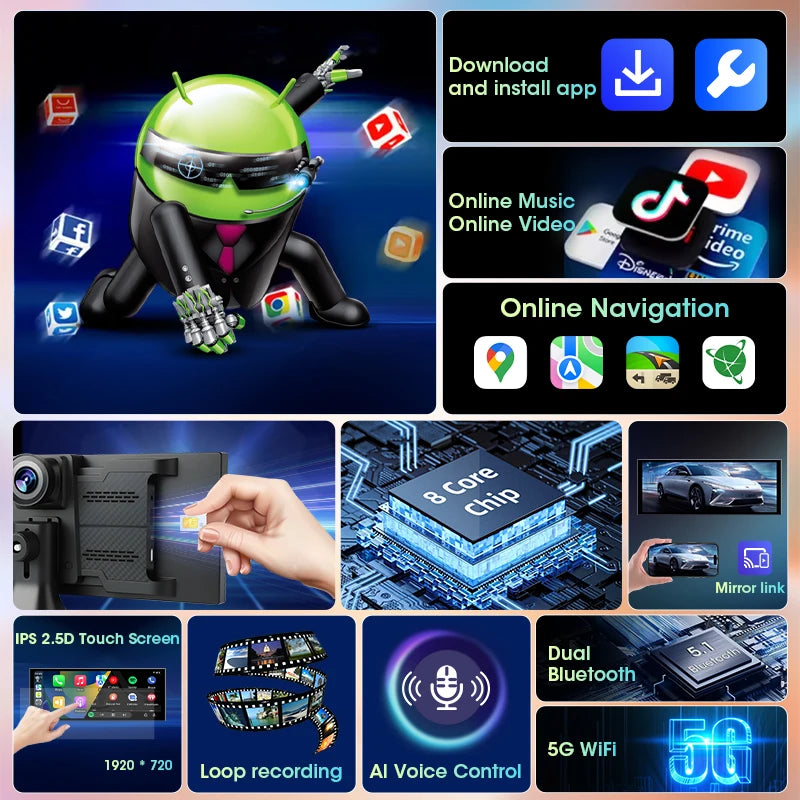 11.26 pouces Android 14 voiture DVR 4G + WIFI 8 cœurs 4G + 64G sans fil Carplay Android Auto Dashcam 1080P enregistrement prise en charge Youtube Netflix