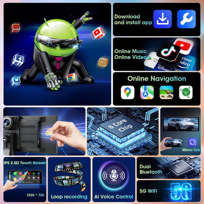11.26 pouces Android 14 voiture DVR 4G + WIFI 8 cœurs 4G + 64G sans fil Carplay Android Auto Dashcam 1080P enregistrement prise en charge Youtube Netflix