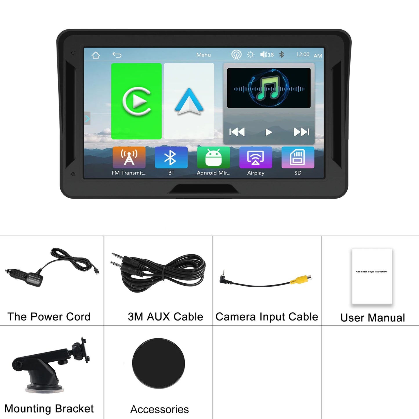 Podofo 7 "portable sans fil Carplay Android Auto écran HD caméra de recul arrière autoradio DVR lecteur vidéo multimédia USB AUX