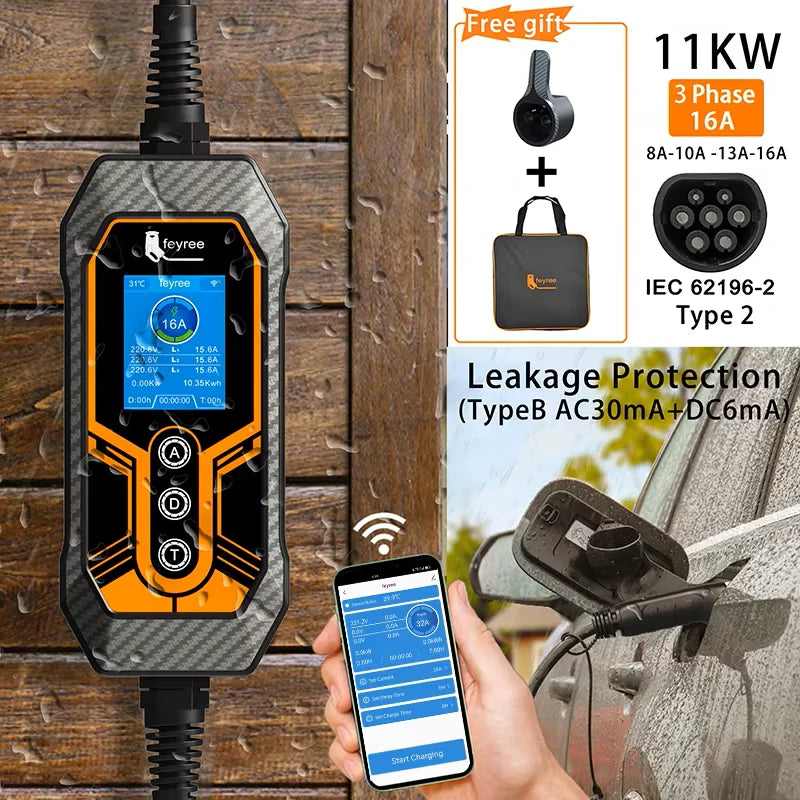 Fey123-Chargeur EV Portable Vope2, 11kW, 16A, 3 Phases, Wi-Fi, Version Bluetooth, Câble de Chargement EVSE, 5m, Prise CEE pour Voiture Électrique
