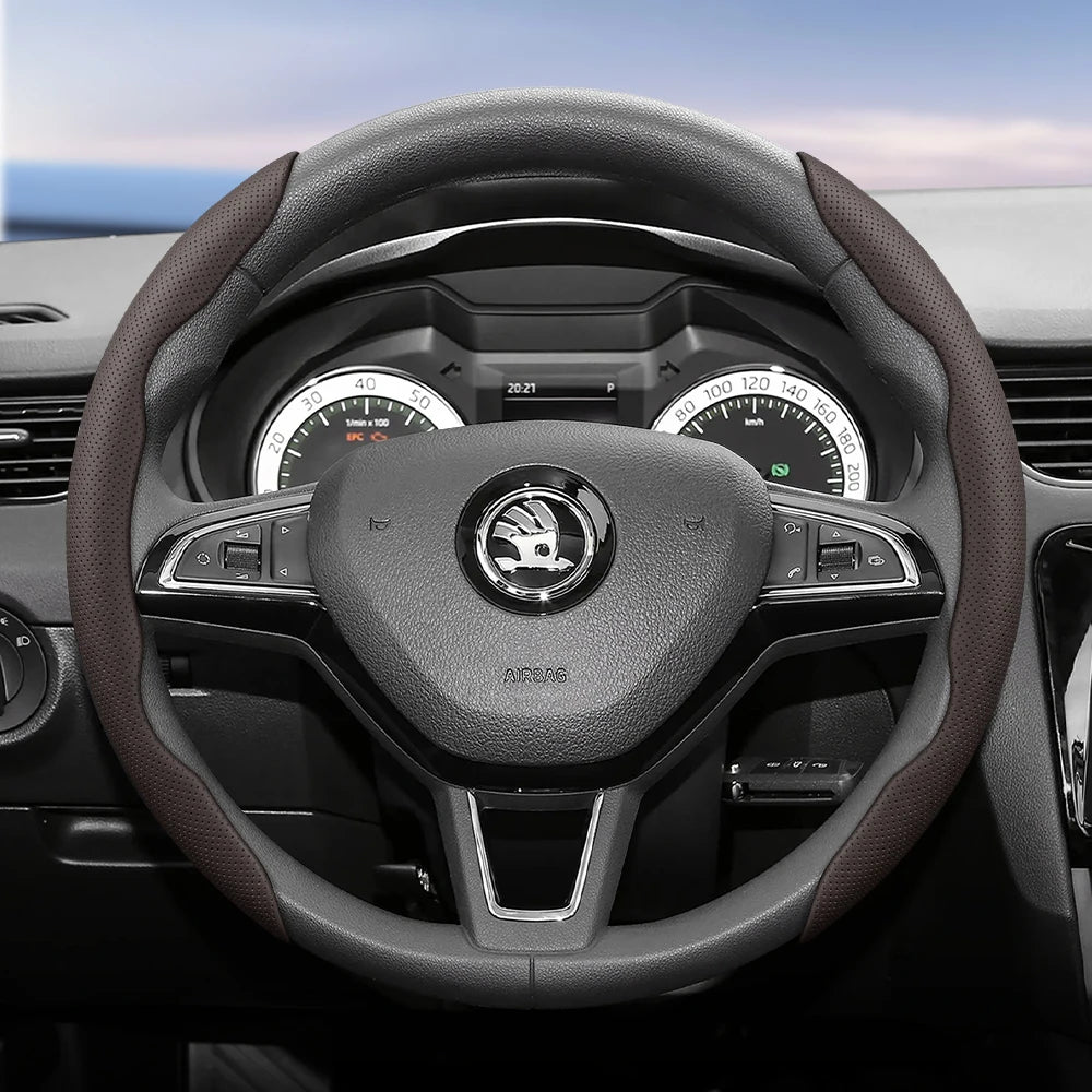 مناسب لـ Skoda غطاء عجلة قيادة من الجلد المسامي بتصميم مقطع سريع التحرير، مضاد للانزلاق ومتين، لسيارات Octavia Rapid Kodiaq Karoq Fabia Superb Kamiq Citigo Scala Combi Kylaq Kushag Slavia Black